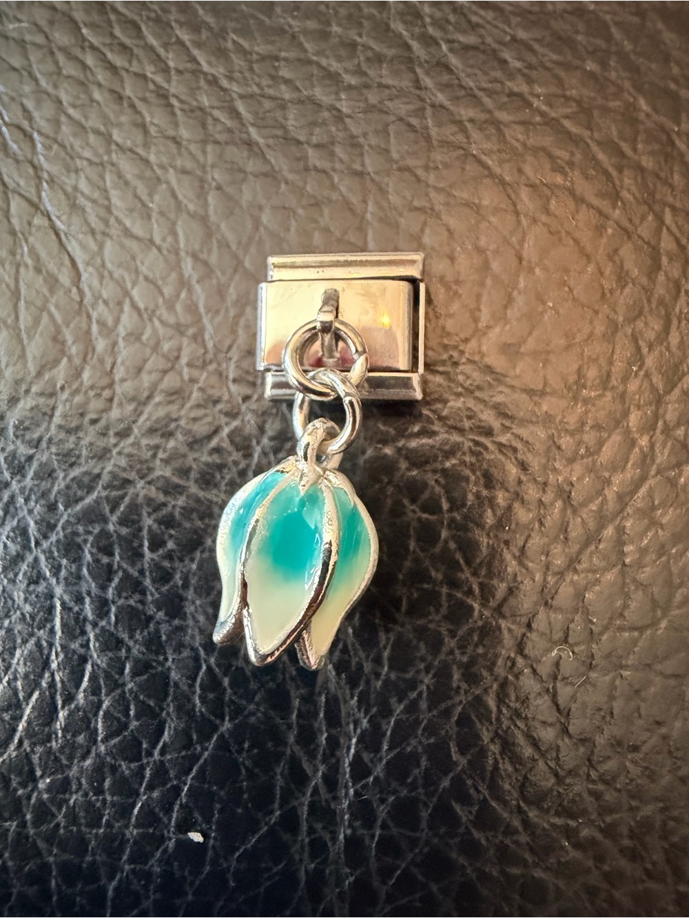 Silver Tone Blue Tulip Flower Dangle Italian Charm Link